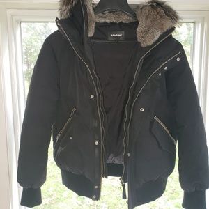 Mackage Dixon Black Bomber with brown fur hood.